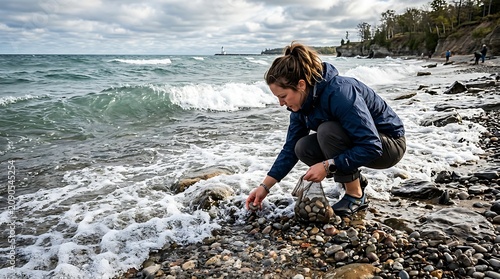 Young Woman Collecting Pebble on Rocky Shoreline Beside Stormy Ocean
