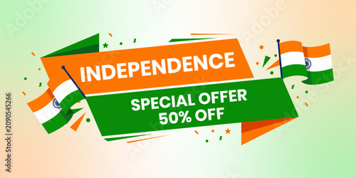 Obraz na płótnie Bright orange and green independence day sale banner with waving Indian flags an