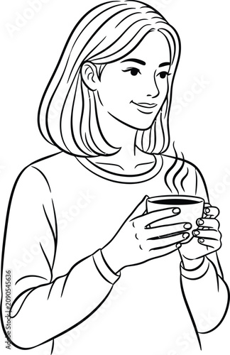 Young woman holding a steaming cup of coffee in a simple line art illustration