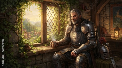 A peaceful digital painting of a heavy-armored knight enjoying a hot cup of tea by a sunlit window wrapped in green vines.
