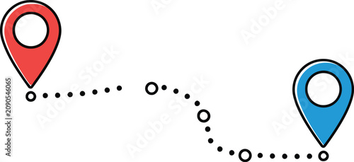 Red and blue location pins connected by a dotted path on white background