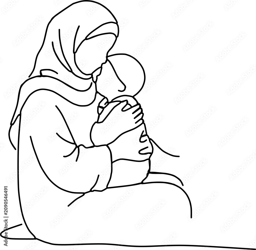 Obraz premium Muslim Woman in a Hijab, Continuous One Line Drawing, Minimalist Single Line Art