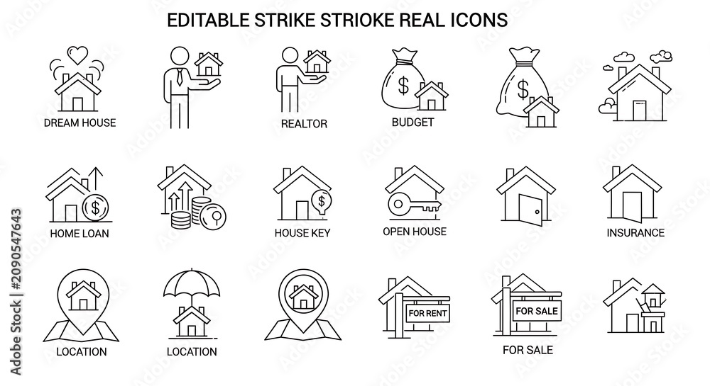 Fototapeta premium Editable Real Estate Line Icons Arranged on White Background