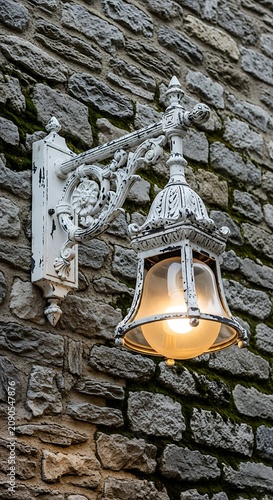 Ornate Vintage Wall Lantern Glowing on Rustic Stone Wall
