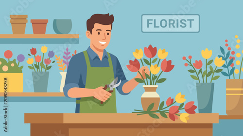 Obraz na płótnie Confident Young Man Florist Mastering Flower Techniques