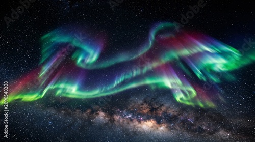 Aurora borealis, colorful northern lights, green purple swirling, night sky, astronomy