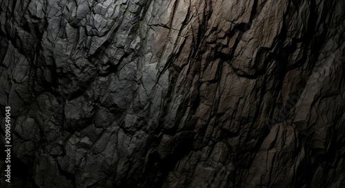 Dark Jagged Rock Wall Illuminated by Dramatic Light in Cave Setting