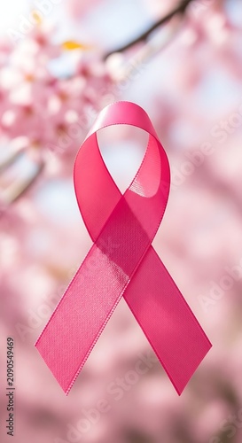 Pink Awareness Ribbon Hanging Against Soft Cherry Blossom Background