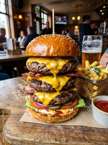 Towering Triple Cheeseburger with Fries and Beer on Rustic Pub Table