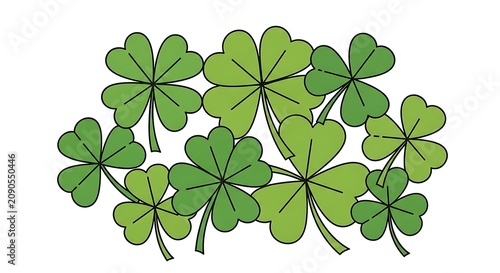 Green Four Leaf Clover Cluster Arranged on White Background