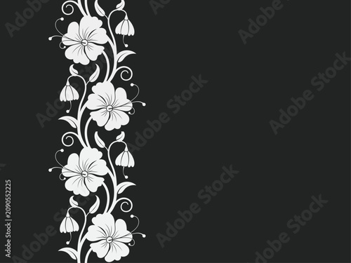 Seamless vertical floral border vector featuring elegant white hibiscus flowers, blooming buds, and curly vines on a dark charcoal black background.