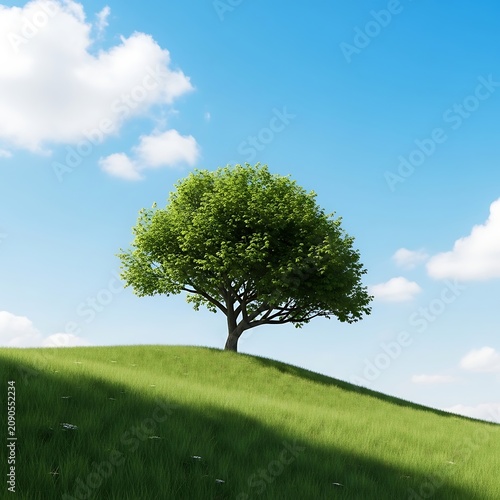 Lush Green Tree Standing Alone on Sunny Grassy Hill Under Blue Sky