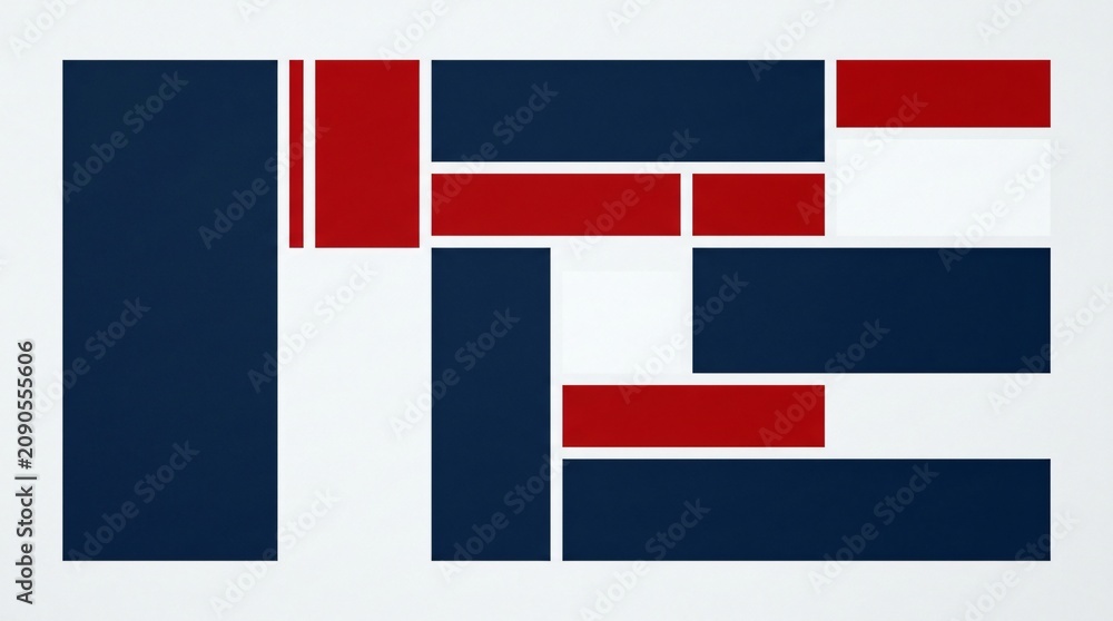 Fototapeta premium Geometric abstract art composition, minimalist navy blue and red rectangular pattern, modern architectural block design on white background