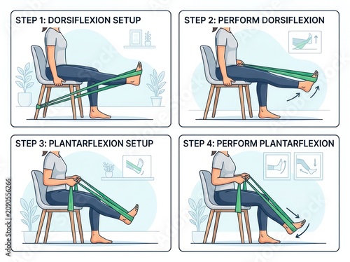 Step-by-step illustration of dorsiflexion and plantarflexion exercises using resistance bands