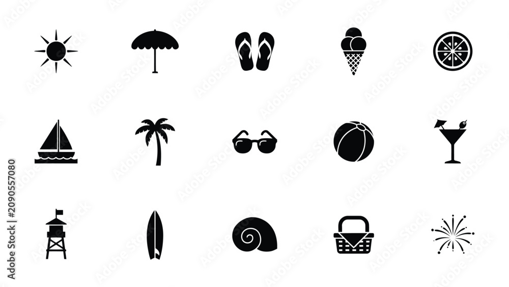 Fototapeta premium Vacation themed minimalist icon set featuring summer essentials and relaxation symbols in flat design style with arranged neatly light background bold