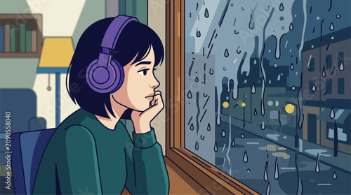 Konstfotografi Young Woman Listening to Music with Headphones Looking Out Rainy Window at City Street at Night, Cozy Indoor Atmosphere, Melancholy Mood, Digital I