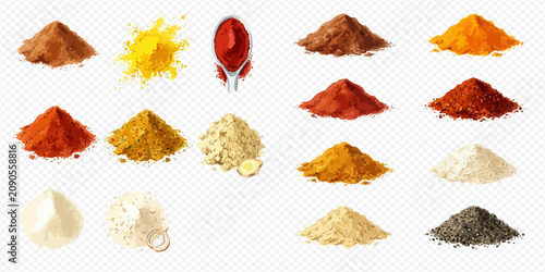 Bild auf Leinwand Collection of various colorful spices and herbs in piles, including turmeric, paprika, chili, curry, and pepper, on a transparent background