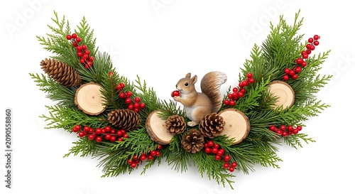Festive Christmas garland with a cute squirrel figurine isolated on white background.