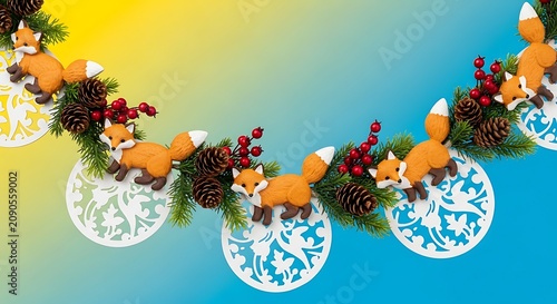 Festive Christmas garland with cute felt foxes and pine cones on blue background.