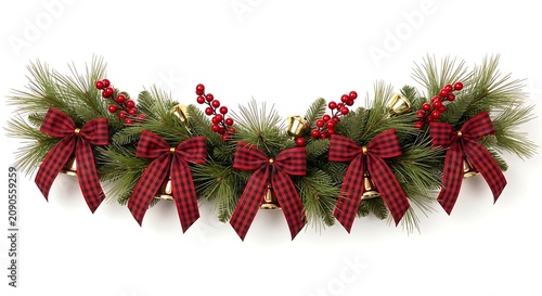 Festive Christmas garland with plaid bows and red berries isolated on white.