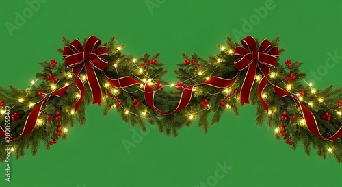 Festive Christmas garland with red bows and glowing lights on green background.