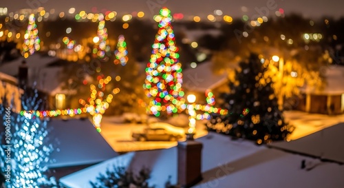 Festive Christmas Tree Light Display in a Cozy Winter Neighborhood Scene.