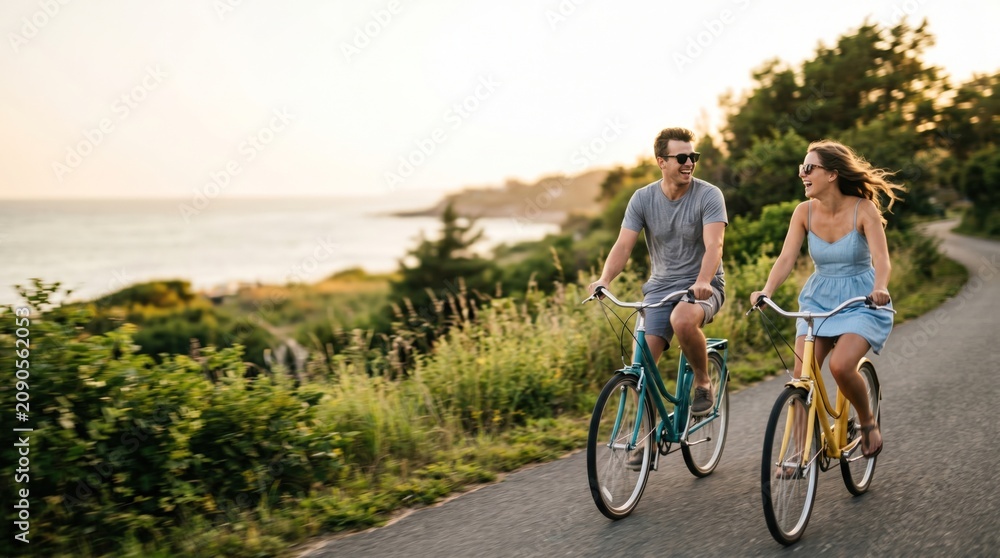 Fototapeta premium Young Caucasian Couple Riding Bicycles on Coastal Path at Sunset Enjoying Romantic Summer Vacation Outdoors Lifestyle Concept