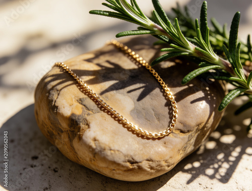 Delicate gold chain necklace draped over a smooth river stone beside a sprig of fresh rosemary. Morning light filters through nearby foliage, casting dappled shadows on the gold links. Composition bal