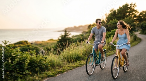 Young Caucasian Couple Riding Bicycles on Coastal Path at Sunset Enjoying Romantic Summer Vacation Outdoors Lifestyle Concept