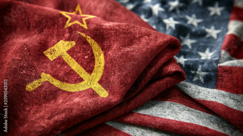 Cold War Symbolism: A close-up shot of the Soviet Union flag draped over the American flag, symbolizing the historical tension and rivalry between the two superpowers during the Cold War era.