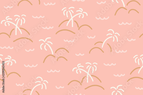 Hand drawn minimalist scribbles of sea water waves with palm trees and islands in colors of brown, white on peach. Abstract tropical seamless vector pattern. Great for home decor, fabric, wallpaper.