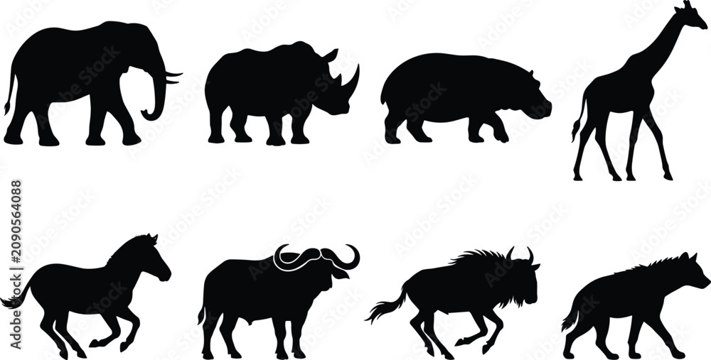 Obraz premium African and Domestic Animal Silhouette Vector Set Featuring Wildlife Icons