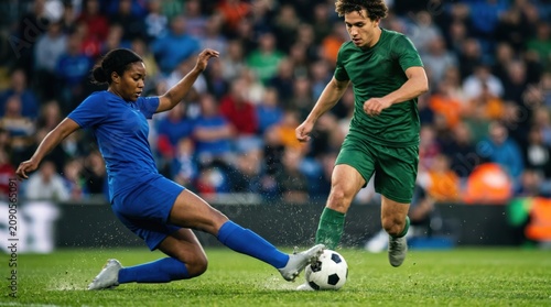 Female soccer player tackling male opponent during intense mixed gender match on professional grass field stadium