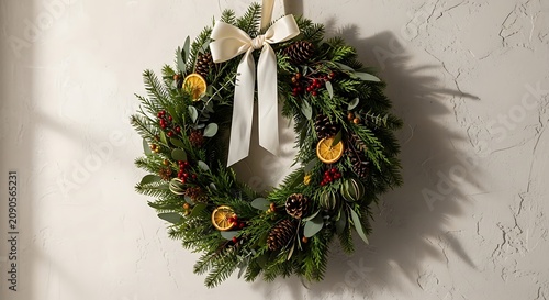 Festive Christmas Wreath Decoration with Greenery and Ornaments.