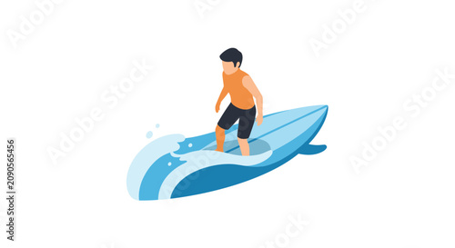 Photography Young man surfing on a blue board over a wave