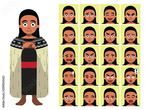 Canvas Print Maori Polynesian indigenous Tribal Traditional Girl Cartoon Emoticon Faces Vecto