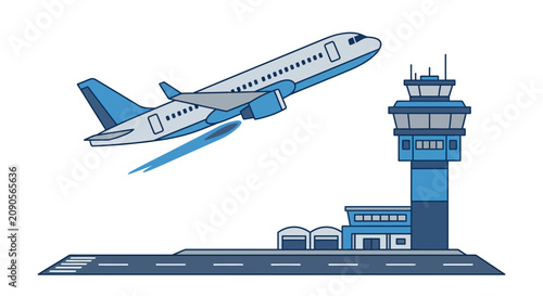 Airplane taking off from airport control tower and runway
