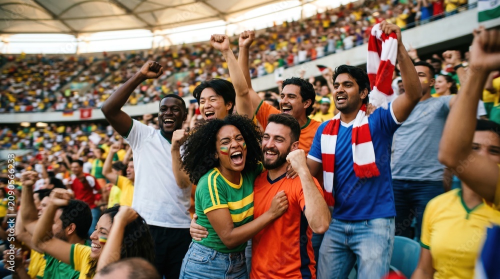 Fototapeta premium Diverse Group of Excited Soccer Fans Cheering in Stadium Celebrating Victory with Passionate Expressions and Team Colors