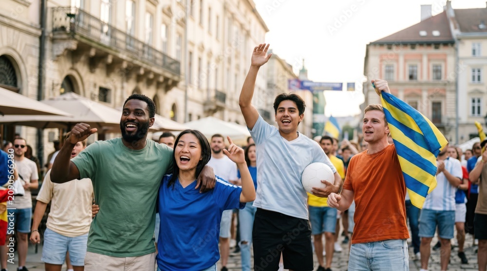 Fototapeta premium Diverse group of young adult friends cheering for sports team with flag and ball in city square celebrating victory together