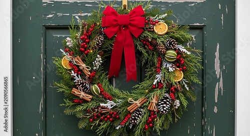 Festive Christmas wreath with red bow hanging on a rustic green wooden door.