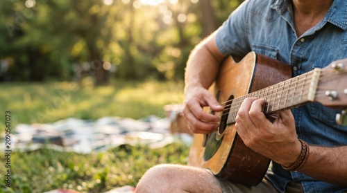 Caucasian man playing acoustic guitar in park at sunset, hobbyist musician enjoying music outdoors, lifestyle concept of relaxation and leisure time