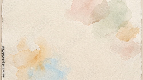 Handmade watercolor paper texture with pastel paint splashes, vintage deckle edge paper background, artistic abstract wash on cream stationery