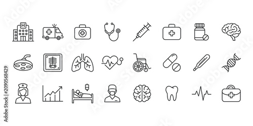 Foto Medical line icon set featuring hospital, doctor, healthcare tools, and anatomy outlines