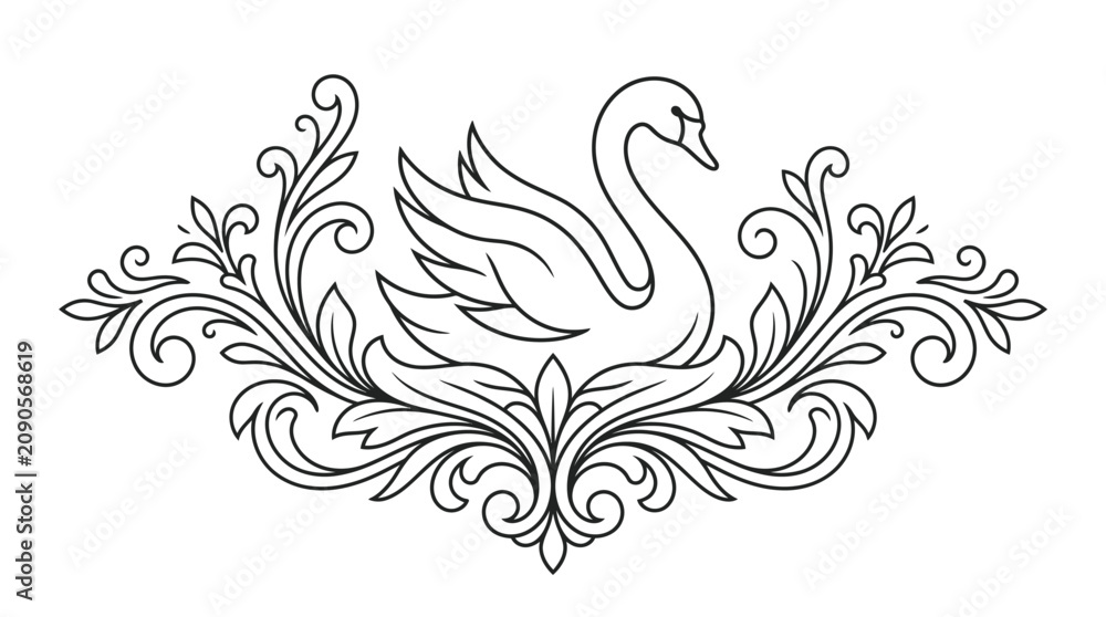 Fototapeta premium Elegant hand drawn swan surrounded by intricate floral filigree scrollwork design.