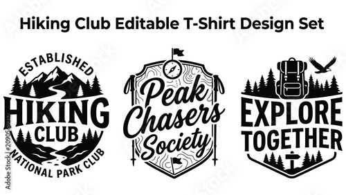 Tableau sur toile Hiking club editable t shirt design set with mountains and trees