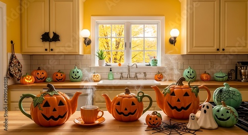 Festive Halloween Kitchen Counter Decorated With Jack O Lantern Teapots.