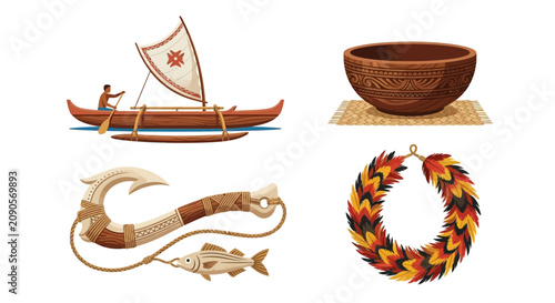 Summer polynesian symbols including outrigger canoe bowl and hook