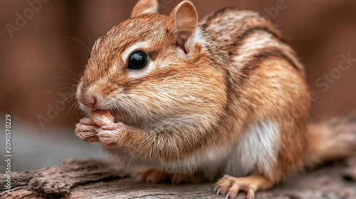 Chipmunk Munching Nut: A close-up portrait of a cute chipmunk with distinctive stripes, sitting on a log and holding a nut in its tiny paws, focused on its meal.