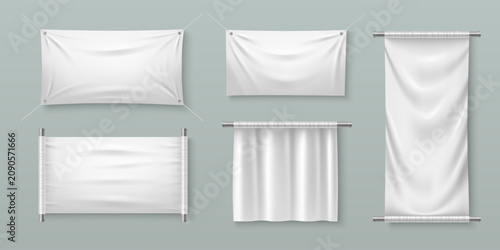 Tableau sur toile White fabric banner mockup with realistic textile texture, hanging with rope and metal rolls, 3d vector illustrations isolated on background