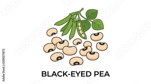 Nutritious Black-Eyed Peas Illustration A Wholesome Legume Depicted with Fresh Pods and Leaves, Ideal for Healthy Cooking and Traditional Southern Dishes